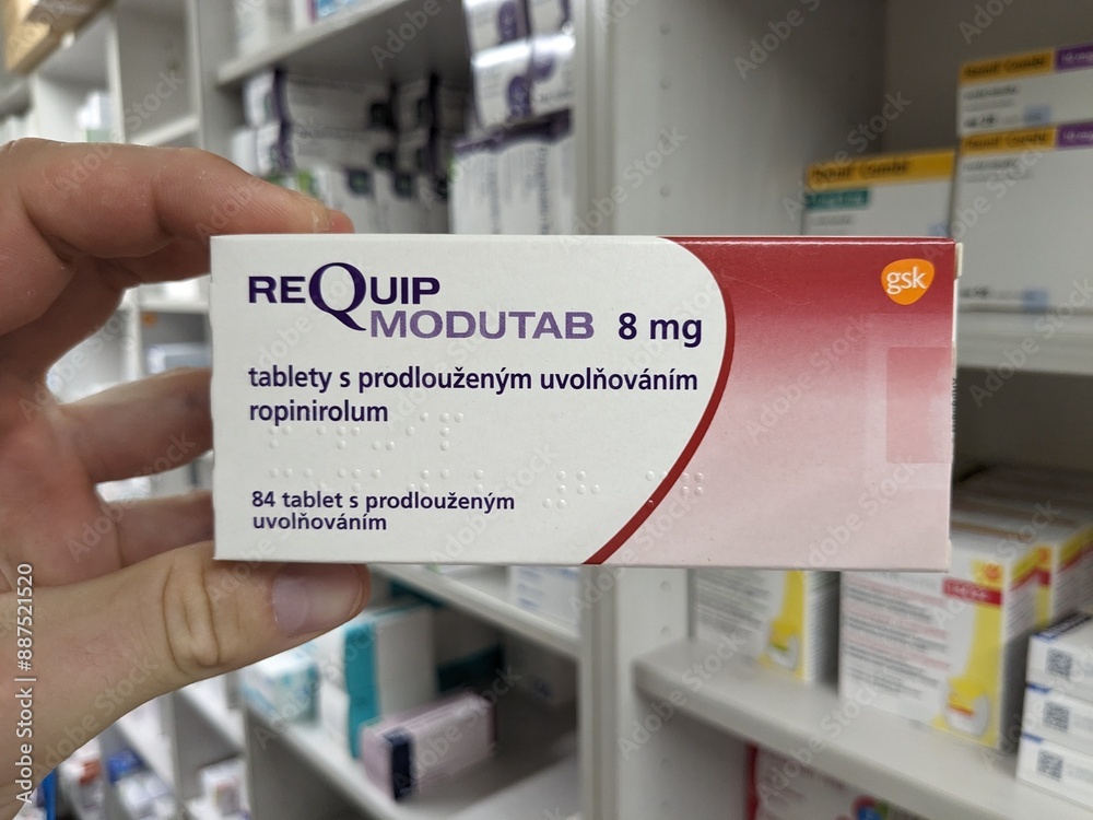Requip Gsk Prague, Czech Republic - July 10 2024: REQUIP MODUTAB box of medication ...