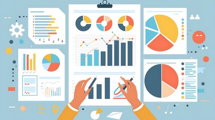 Poster - Banner image illustration shows working with data analysis document on table for business presentation financial strategy planning and marketing performance report chart concept.