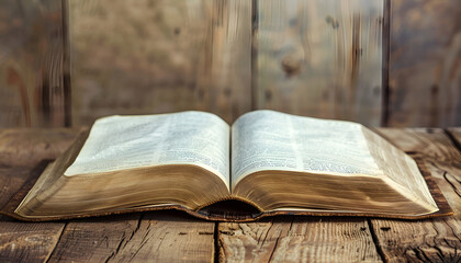 Wall Mural - Open Bible on wooden table, closeup. Christian religious book