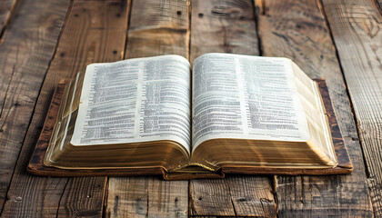 Wall Mural - Open Bible on wooden table, closeup. Christian religious book