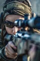 Poster - A woman wearing camouflage clothing and aiming a rifle, possibly for hunting or military purposes