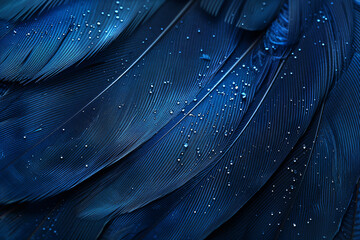 Poster - Abstract background with a blue feather texture, in a macro shot. An elegant dark wallpaper for design and presentation. A close up of a bird feather on a navy color. Shiny, glossy.