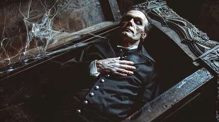 Wall Mural - Gothic male vampire in an old wooden coffin. Concept of horror, supernatural, Halloween, undead