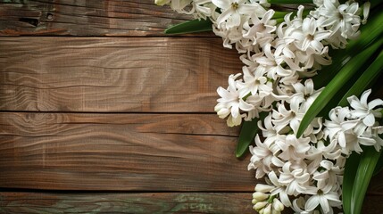 Wall Mural - White hyacinth blossoms on wood background with space for text