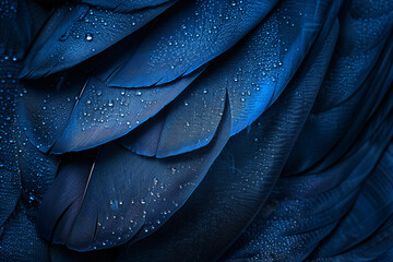 Poster - Abstract background with a blue feather texture, in a macro shot. An elegant dark wallpaper for design and presentation. A close up of a bird feather on a navy color. Shiny, glossy.