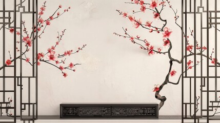 Sticker - A traditional Chinese style background wall with an elegant and symmetrical composition, featuring plum blossoms blooming on branches against the backdrop of white walls adorned with window decoration