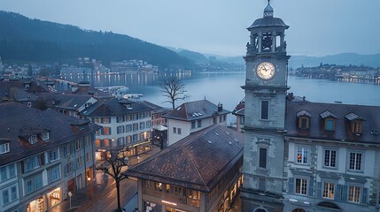 Wall Mural -   A clock tower sits atop a building overlooking a body of water and a dusky townscape