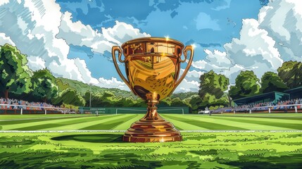 Gold Cup winners in the stadium. The cup stands on the grass surface. illustration