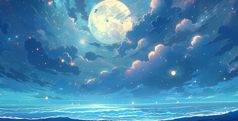 Sticker - Hand-drawn cartoon artistic aesthetic illustration of the sea under the starry sky
