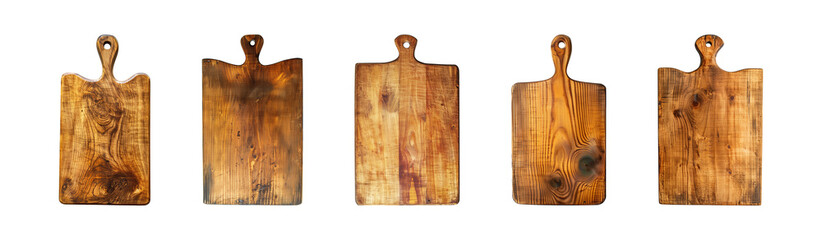 Collection of wooden cutting board or chopping board isolated on a transparent background, top view, cut out, PNG