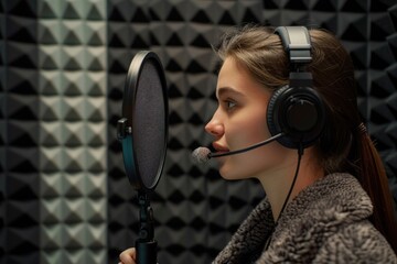 Poster - Woman recording music in studio with headphones and mic