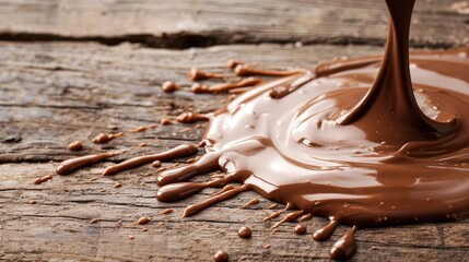 Poster - Tasty milk chocolate paste poured on wooden table closeup shot Room for text