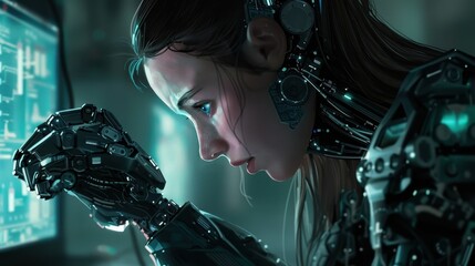 Wall Mural - Cyborg Woman with Mechanical Arm.