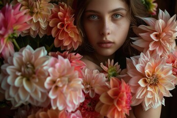 Poster - A portrait of a woman wearing a colorful bouquet of flowers as a necklace