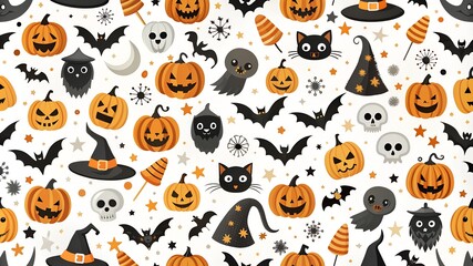 Wall Mural - Seamless halloween pattern with scull bat ghost pumpkin bone candies white and black. 