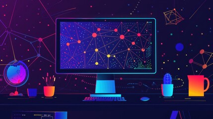 Wall Mural - Neon workspace with computer and colorful geometric patterns.