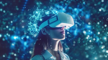 Wall Mural - Woman Experiencing Virtual Reality with Futuristic Glow.