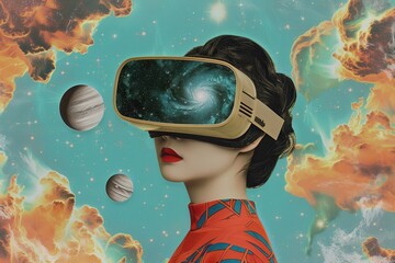 Wall Mural - Woman in Virtual Reality with Galaxy View.