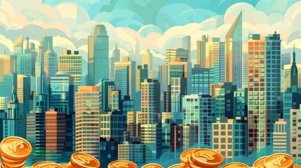 City cityscape with buildings and golden coins. Concept of civilization richness wealth rich lifestyle business