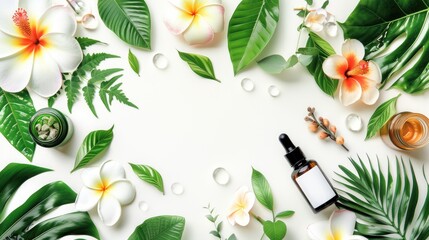 Poster - Skincare cosmetics with tropical botanicals on white background