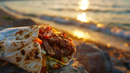 Sticker - A burrito sitting on top of a rock next to the ocean