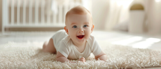 happy baby crawling on a soft carpet in a bright and cozy nursery, smiling and enjoying playtime dur
