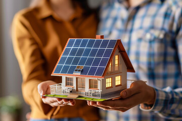 Close up of happy couple holding house with solar photovoltaic roof as green alternative energy concept for houseowners