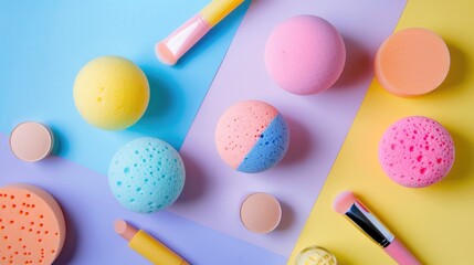 Wall Mural - Makeup sponges and cosmetics on colorful backdrop