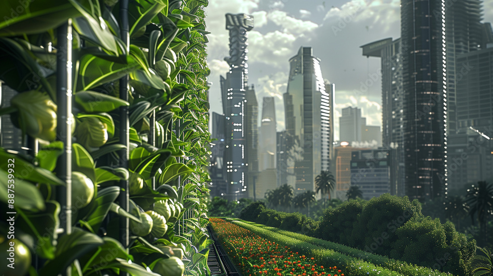 Innovative future city skyline featuring vertical farms and automated ...