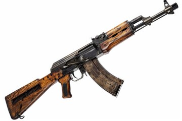 Poster - A close-up view of an AK-47 rifle with a wooden barrel
