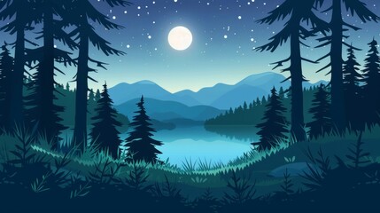 Sticker - A cartoon forest landscape at night with moonlight shining through the trees, with mountains in the background