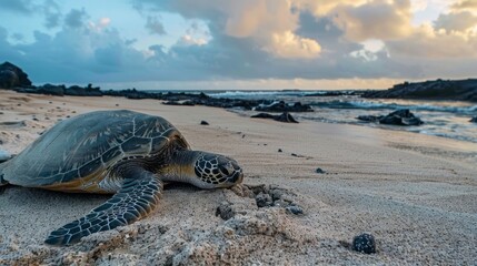 Wall Mural - A turtle is laying on the beach