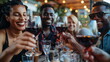 © waranyu - Friends drinking red wine, dinner party together, happy people