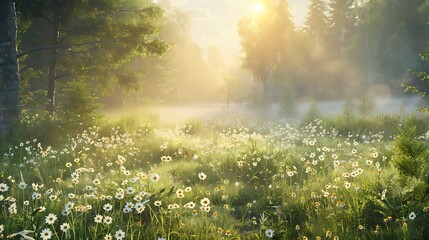 Sticker - Sunlit Meadow in a Misty Forest