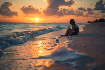 Wall Mural - A person sitting on a beach at sunset, having just cast away a message in a bottle