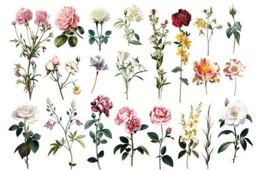 Poster - A variety of colorful flowers arranged together on a white background, suitable for use in decorative or promotional materials