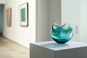 Aufkleber - Serene Mockup Scene with Vibrant Blue Glass Sculpture on a Soft White Surface in a Minimalist Gallery Setting