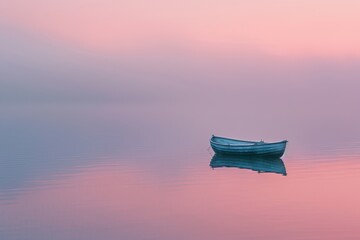 Wall Mural - A quiet lake at sunrise, the water perfectly still and reflecting the pastel colors of the sky, a small boat drifting gently