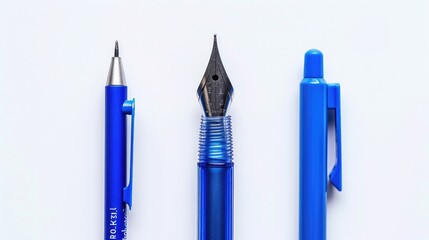 Poster - Two blue pens placed side by side on a white background, great for illustrations about writing or creativity