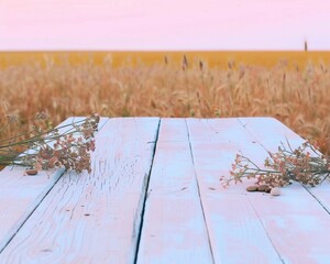 Aufkleber - Serene Rustic Pastel Grey Wooden Table in Rural Field at Sunset for Product Display with Natural Bokeh Background