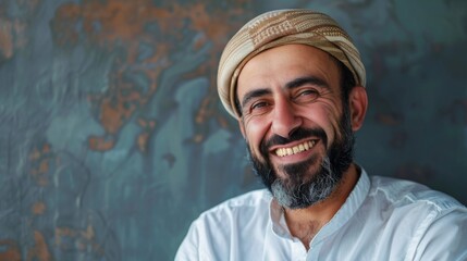 Portrait of smiling Arabic man businessman with beard and traditional hat agal agel