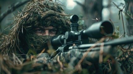 Poster - A person dressed in camouflage clothing is holding a rifle while standing in a woodland area
