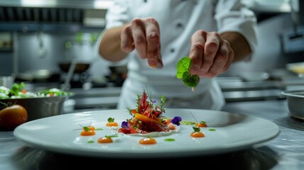 A chef mastering the art of plating and presentation, elevating their culinary creations to works of art. Concept of gastronomic aesthetics