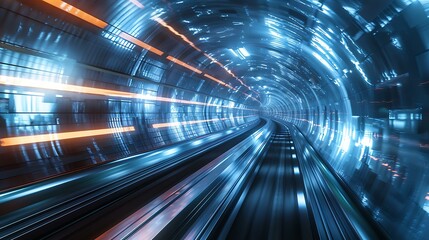 Poster - A high-tech tunnel with dynamic, intersecting beams of light and floating, translucent panels, giving a sense of advanced technology