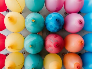 Poster - Vibrant Aerial View of Multicolored Balloons Arranged in a Symmetrical Geometric Pattern, Emphasizing Intricate Textures and Soft Lighting