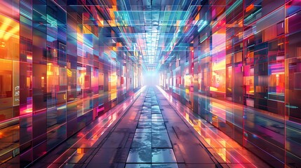 Poster - An abstract digital corridor featuring geometric patterns and vibrant holographic displays along the walls, creating a sense of depth and motion