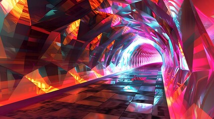 Poster - An abstract digital corridor featuring geometric patterns and vibrant holographic displays along the walls, creating a sense of depth and motion