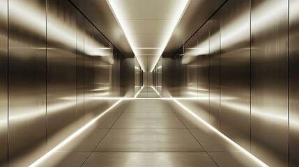 Poster - An endless corridor with a minimalist design, featuring seamless metallic panels and pulsating LED lights embedded in the floor and ceiling
