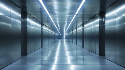 Poster - An endless corridor with a minimalist design, featuring seamless metallic panels and pulsating LED lights embedded in the floor and ceiling