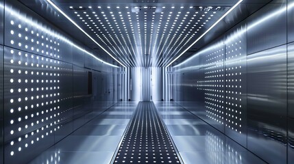 Poster - An endless corridor with a minimalist design, featuring seamless metallic panels and pulsating LED lights embedded in the floor and ceiling